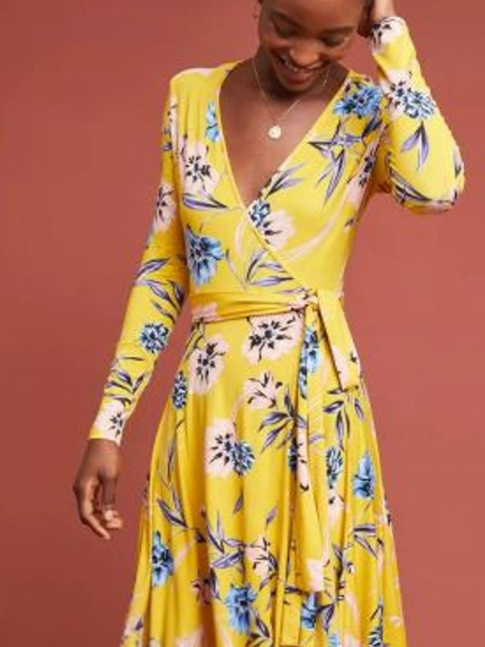 🌺YUMI KIM Yellow Floral Blue Blossom Print Medium EUC Wrap Dress